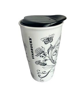 Starbucks Floral Heart Butterfly Ceramic Double Wall Travel Mug Tumbler 12oz